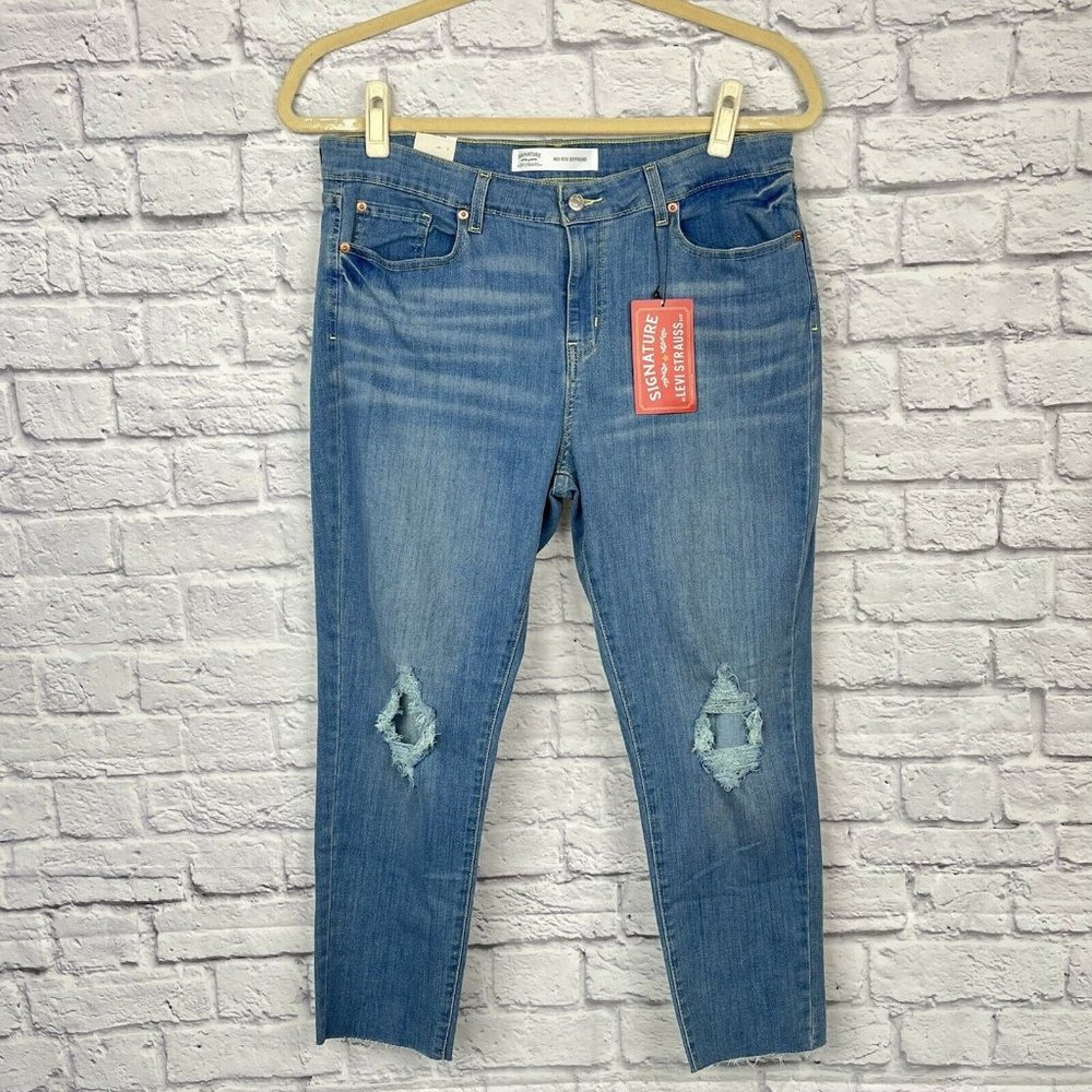 Levi's Signature Mid Rise Slim Boyfriend Blue Jeans Torn Distressed Sz 18
